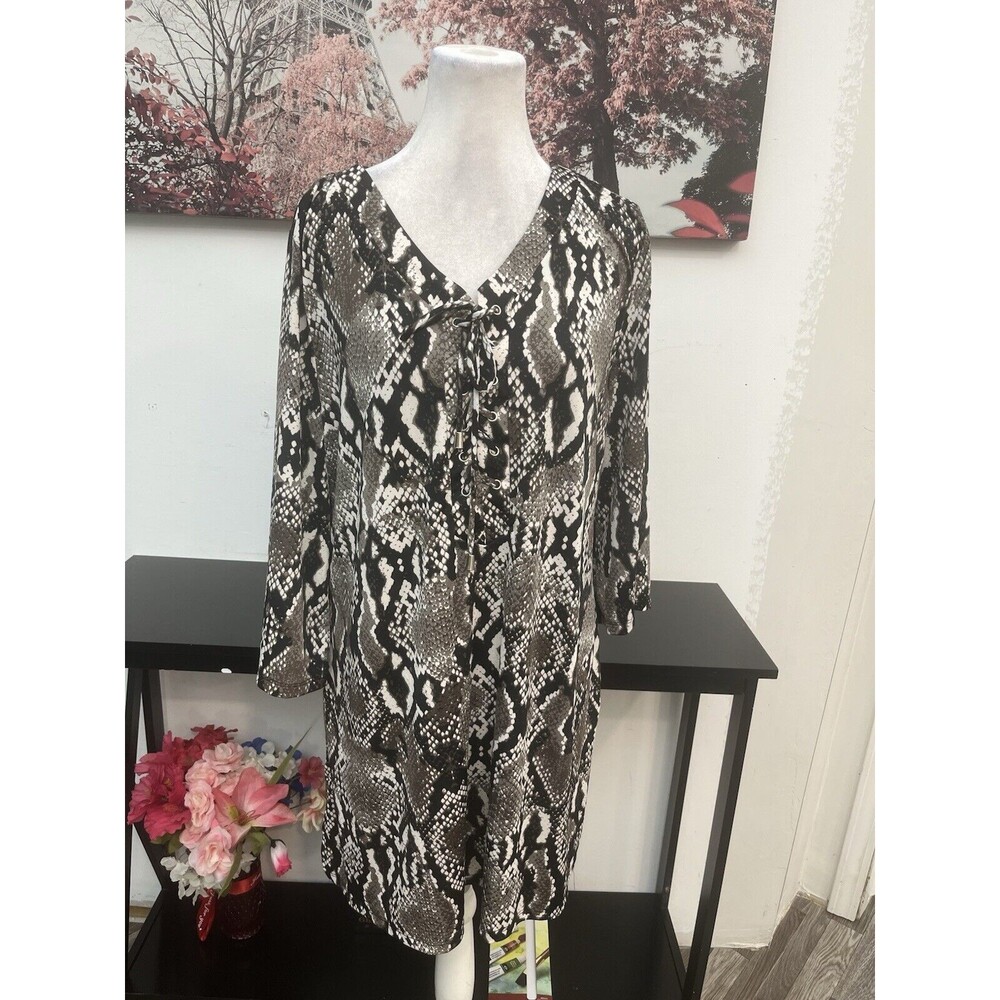 Sandiva Women’s Tunic Dress Snakeskin Print Lace Up Front Size L 3/4 Sleeve